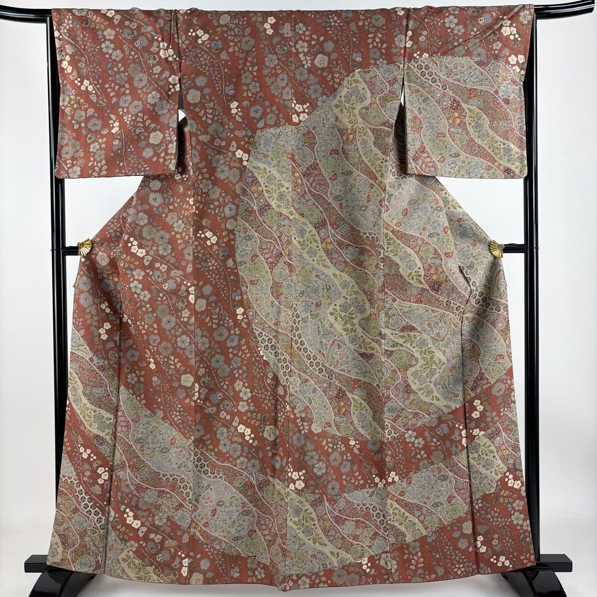 訪問着 身丈162cm 裄丈65.5cm M 袷 草花 金彩 赤茶 正絹 秀品