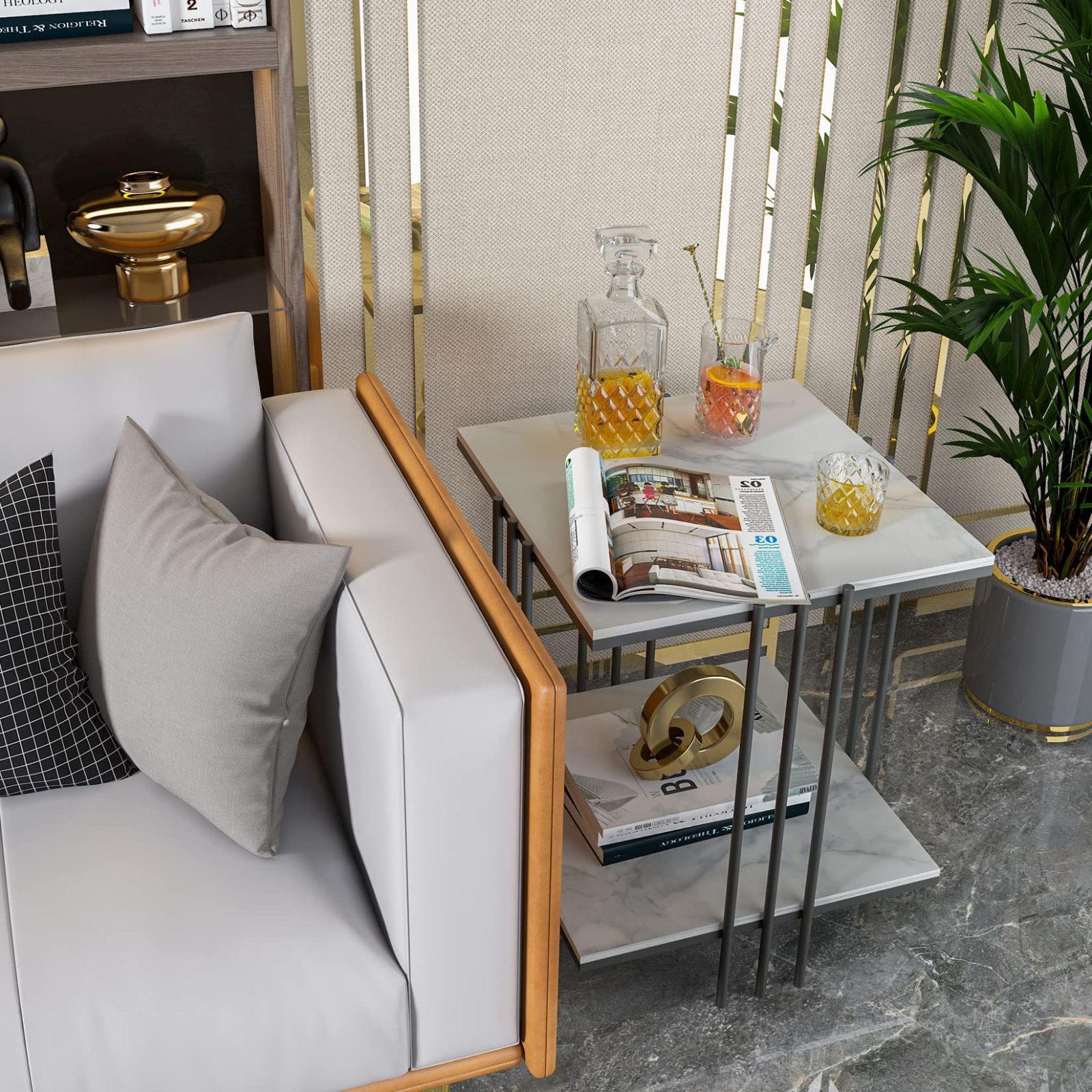 在庫 UNHO サイドテーブル ナイトテーブル ベッドサイドテーブル 大理石調 石材天板 ソファ横 コーヒーテーブル 白 棚付き ソファテーブル おしゃれ 幅45×奥行45×高さ55cm