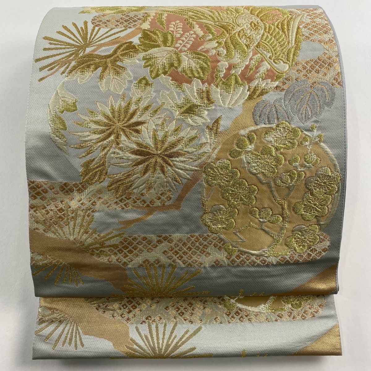 袋帯 美品 名品 川島織物 落款 鳳凰 枝梅 金銀糸 箔 灰緑 六通