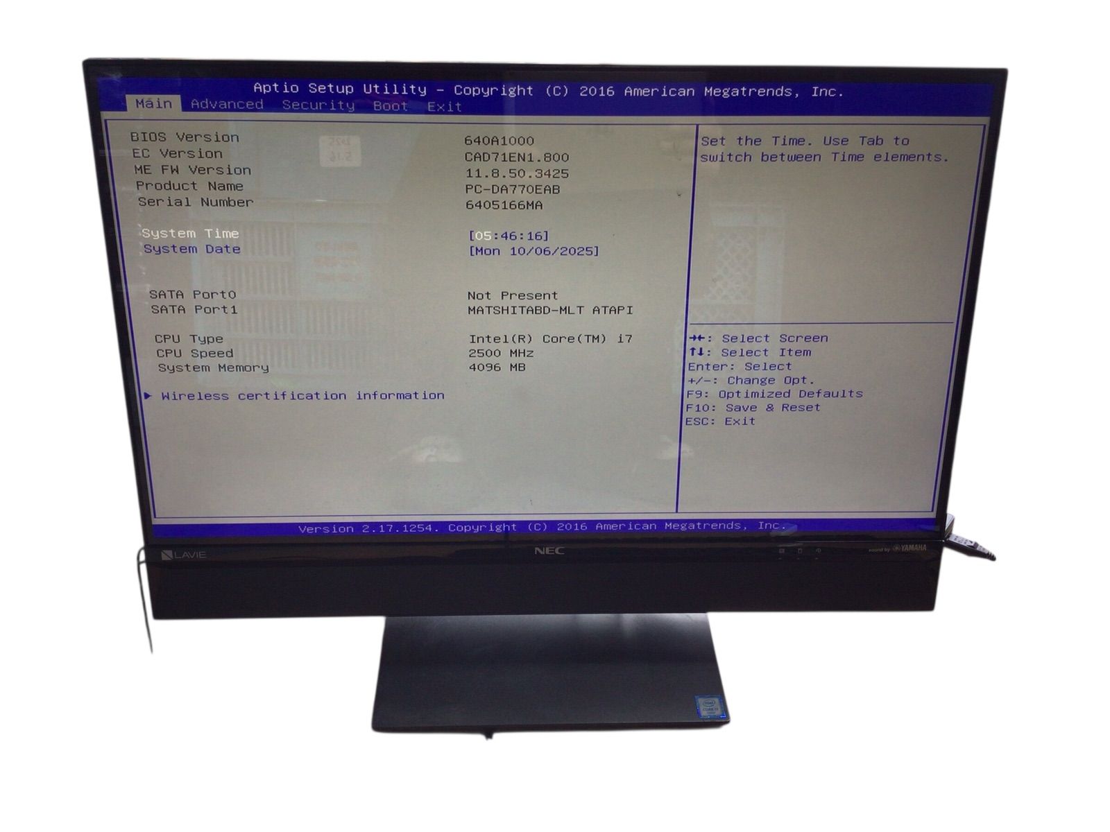 NEC LAVIE PC-DA770EAB CPU CORE i7-6500U メモリ4096MB ストレージ無し 番号E01