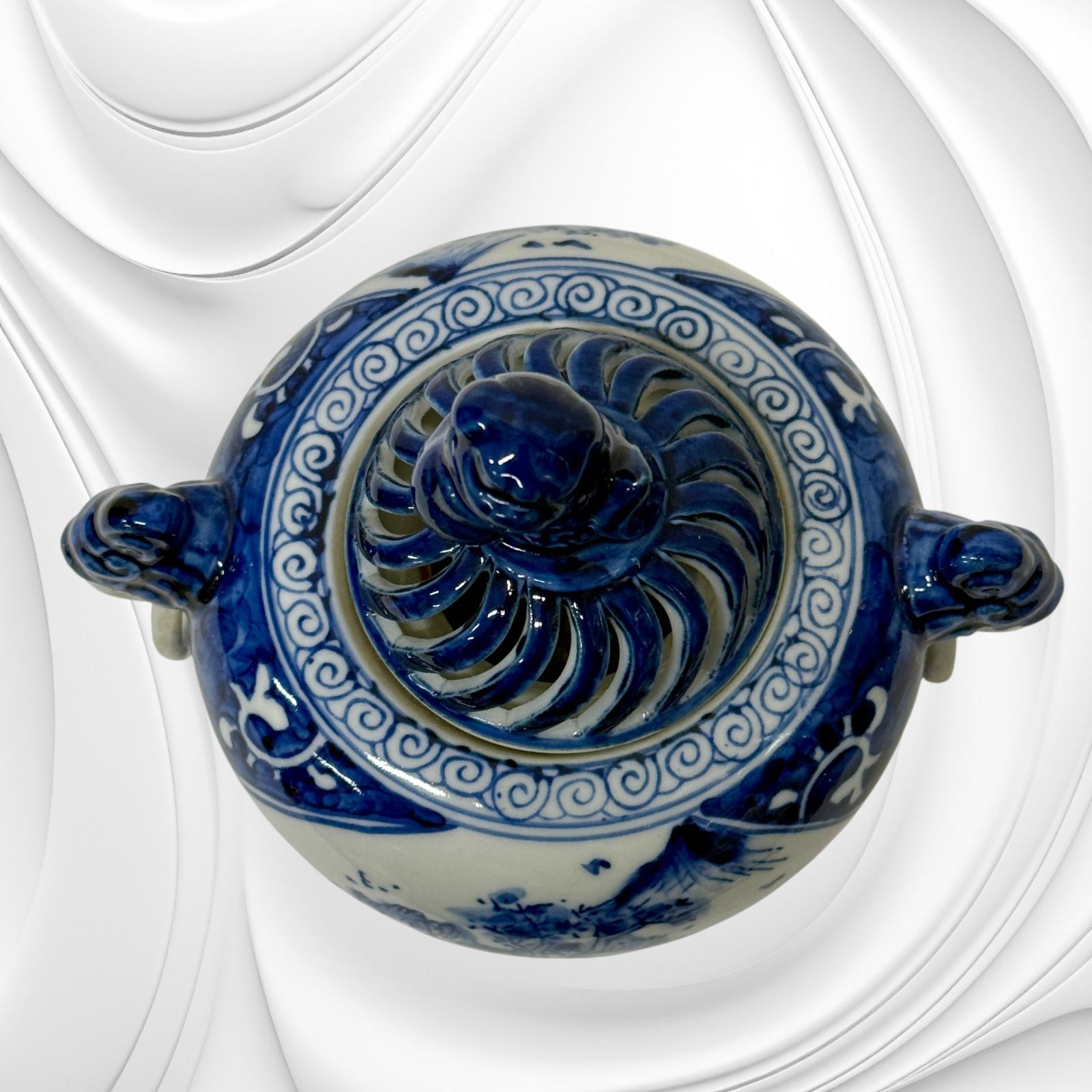 九谷焼 香炉 染付山水 道八 三つ足 4.5号 双耳 獅子 インテリア