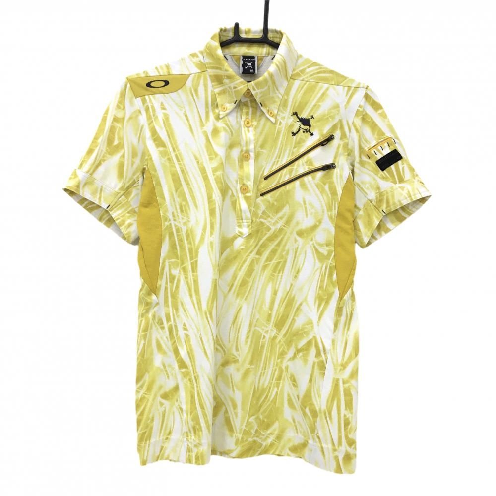 【超美品】オークリー 半袖ポロシャツ イエロー×白 総柄 ジップポケット ロゴ刺しゅう ティー装着可 メンズ M ゴルフウェア Oakley