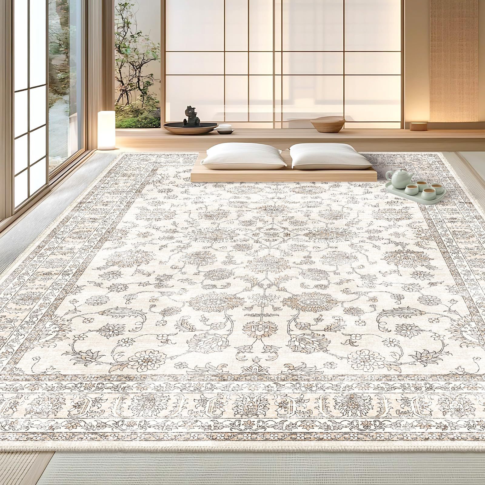 FORTSEA 洗えるラグマット 3畳 200×250cm 滑り止め付き 防音 ペルシャ風 花柄 キャメル リビング ダイニング用 軽量 オールシーズン対応