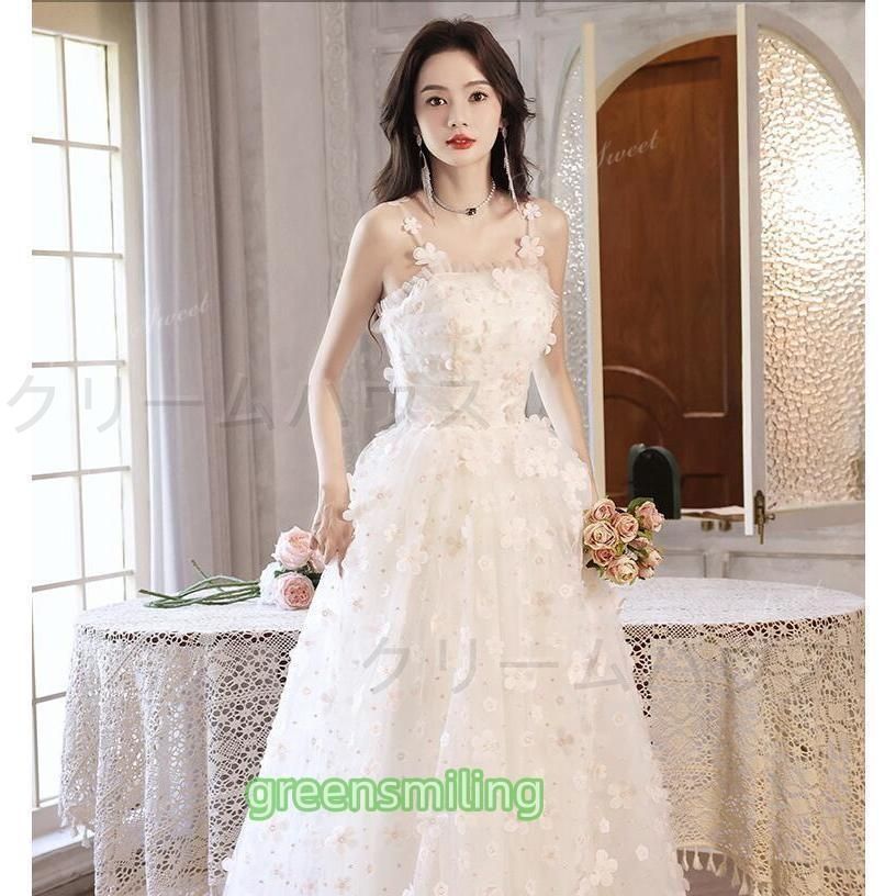 新作レディースウエディングドレスワンピース結婚式花嫁二次会パーティドレスドレスVネックウェディングドレス白ドレスロングドレス披露宴 カラードレス ライトピンク フラワー 袖なし 花 二次会 ウェディング