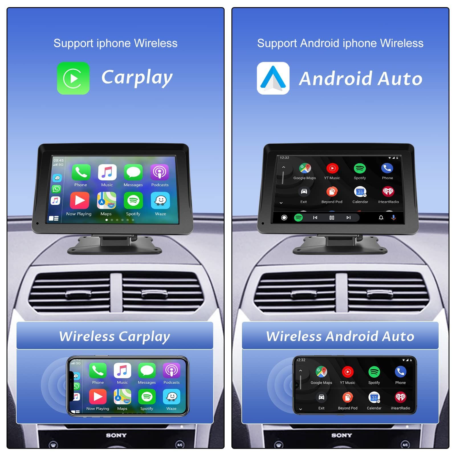 商品 ポータブルカーオーディオ ナビゲーション一体型 簡単着脱 ミラーリング機能付き Apple CarPlay Android Auto対応 Bluetooth USB AUX入力 車載FMトランスミッター ナビゲーション 音楽 スマホ