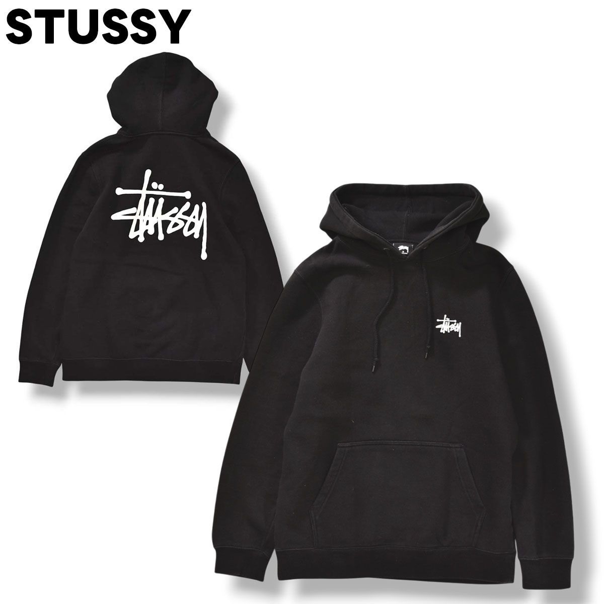 美品 STUSSY プリントスウェットフーディー パーカー ブラック S 定番】 ステューシー STUSSY ロゴ プリント スウェット パーカー