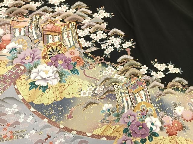 平和屋着物□豪華黒留袖 駒刺繍 御所車花文 金彩 正絹 逸品
