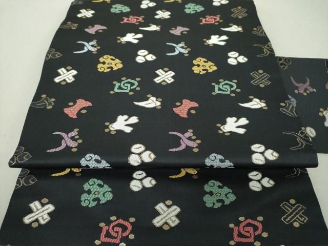 平和屋着物●九寸名古屋帯　宝尽くし　黒地　金糸　正絹　逸品　DAAS3609ps 平和屋着物○九寸名古屋帯 宝尽くし 黒地 金糸 正絹 逸品 DAAS3609ps