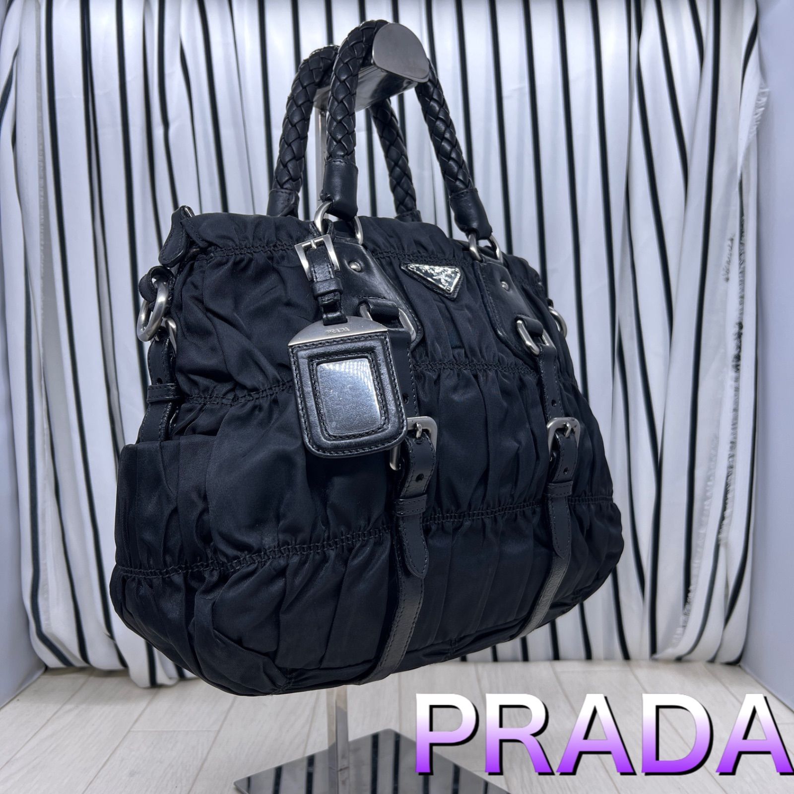 【美品】PRADA×プラダ ギャザーハンドバッグ