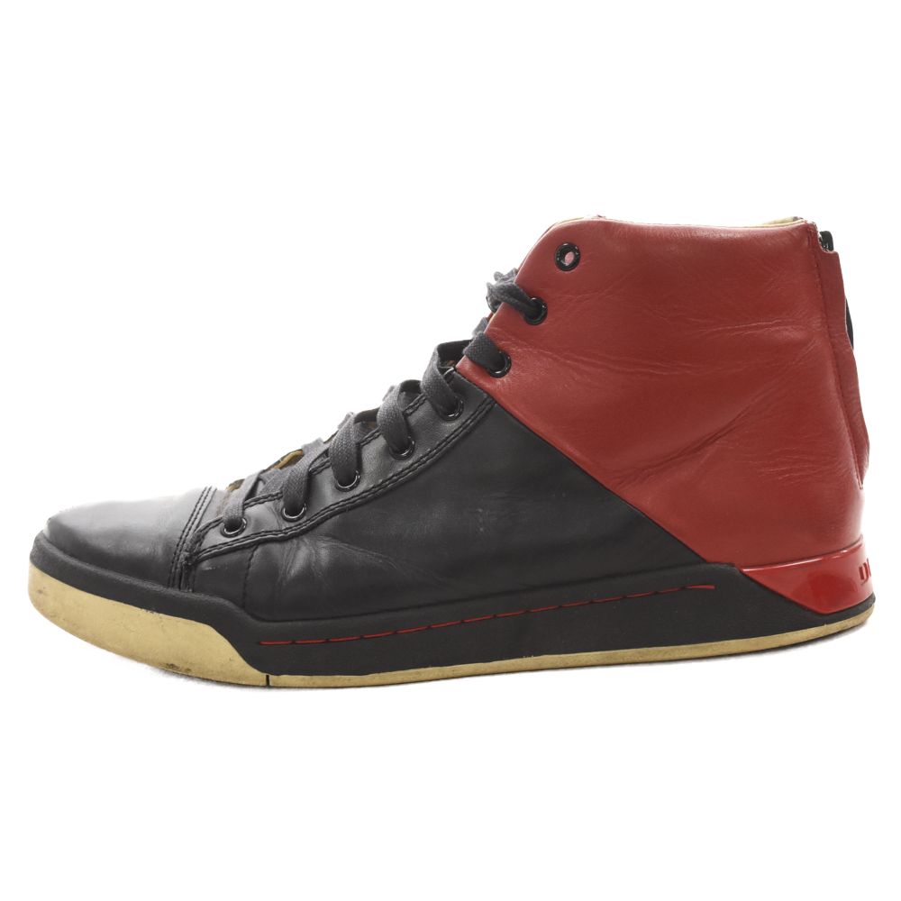DIESEL (ディーゼル) バックジップレザーハイカットスニーカー ブラック/レッド
