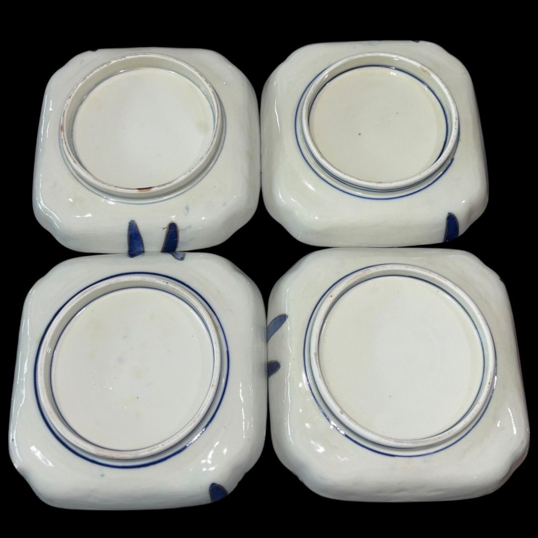 四角の骨董皿 四角皿 食器 4客セット 手描き 染付 アンティーク 骨董 銘あり