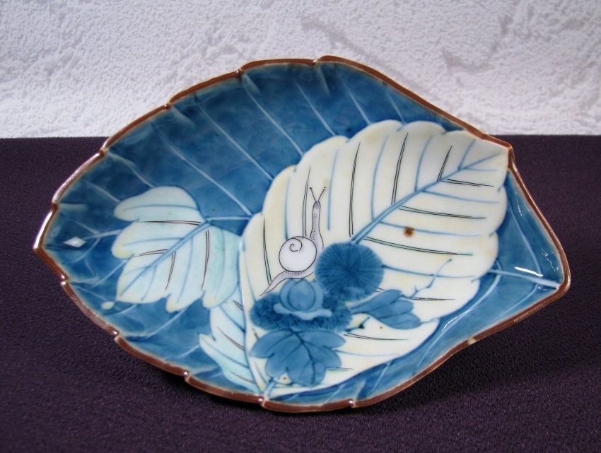 染錦 蝸牛文葉形皿5客