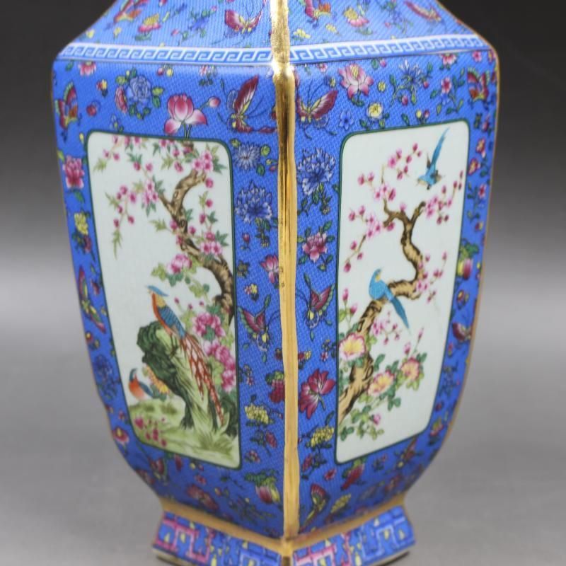 緑地琺瑯彩花鳥紋四角瓶 現代工芸品 美術品 装飾品 置物 清乾隆黄地琺瑯彩花鳥四方花瓶 景徳鎮 陶磁器 装飾品 現代工芸品