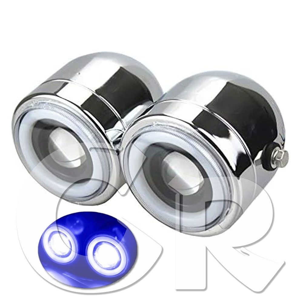 送料無料 デュアル ダブル LED ヘッドライト ホワイト イカリング：ブルー クローム ハーレー ホンダ ヤマハ スズキ カフェレーサー