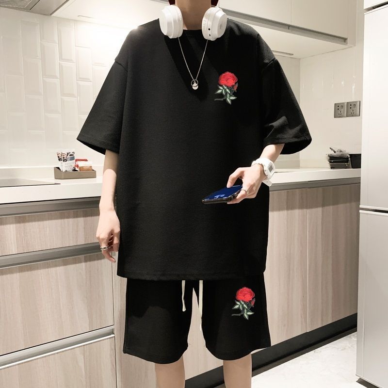 上下セット メンズ Tシャツ ハーフパンツ 半袖 刺繍入り バラ