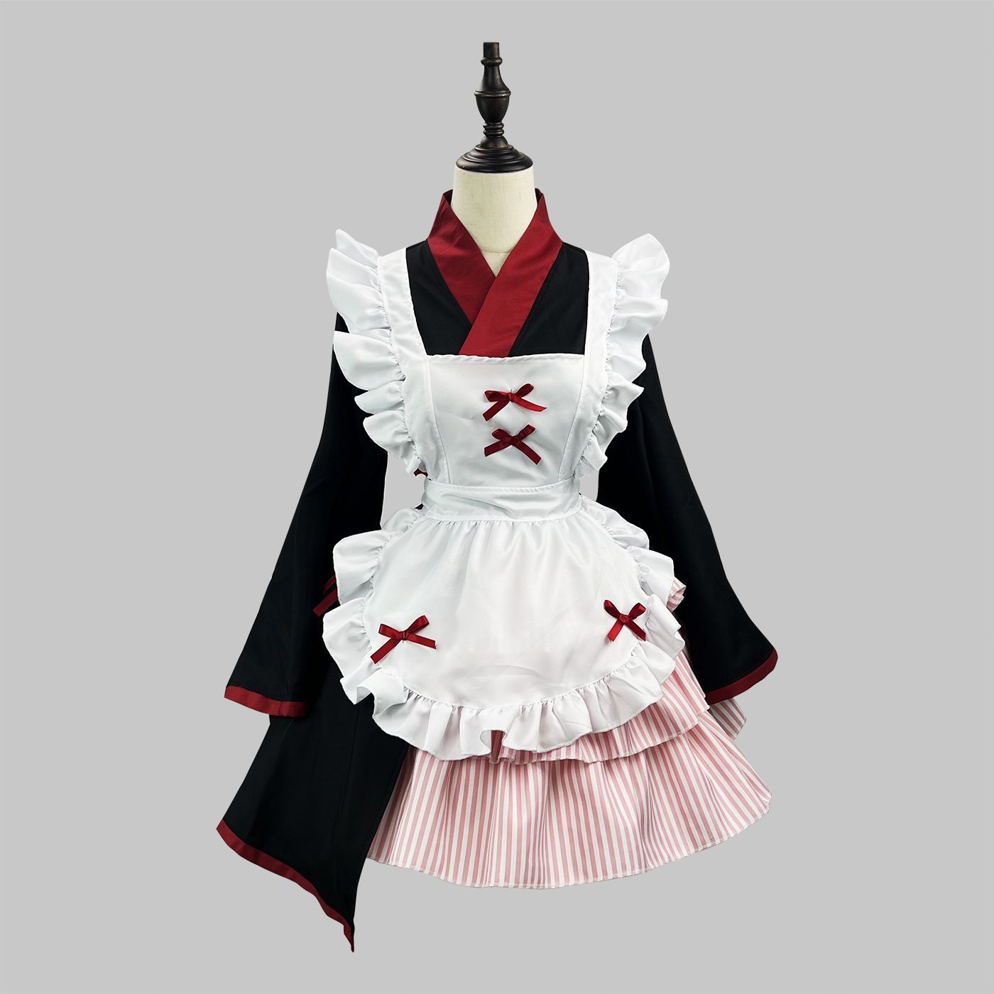 和風ロリータメイドワンピース 和装×メイド風デザイン 長袖 着物スリーブ 赤×黒×白 二次元風