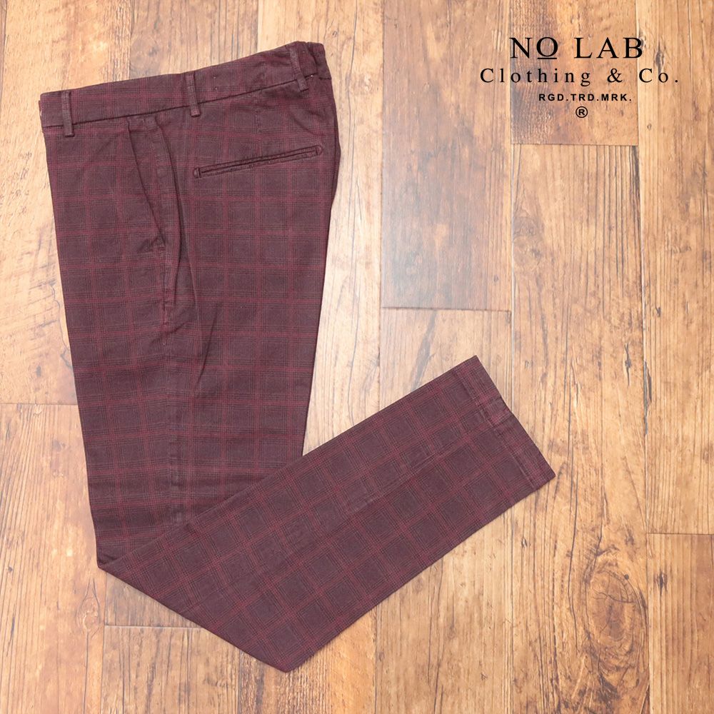 秋冬 NO LAB Clothing＆Co. 34インチ 美脚チノパンツ ストレッチ チェック柄 製品染め加工 イタリア製 赤 ボルドー md184