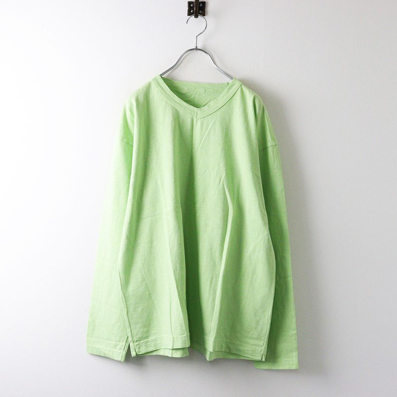 美品 メンズ フォーティファイブアール 45R 度詰天竺の908 Vネック長袖Tシャツ 4/グリーン ジンバブエコットン TEE【2400014058550】
