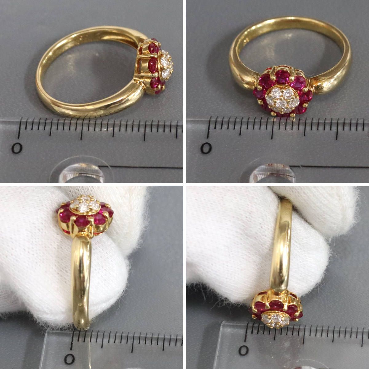 中古　K18 ルビー2.35ct ダイヤモンドフラワーリング 12号 K18ルビーダイヤモンドリング フラワーモチーフ R0.67 D0.16 3.9