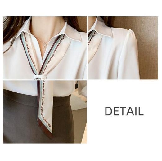 スカーフ付き シャツ 即 OK ブラウス 長袖 トップス スキッパー 白 オフィカジ きれいめ 通勤 韓国 韓国ファッション レディース yunban528 SIROKUMA-CORPORATION_COM