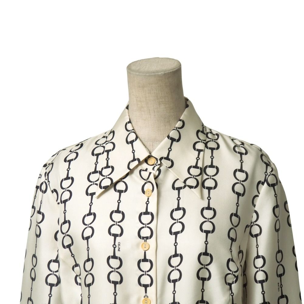 OLD CELINE セリーヌ ヴィンテージ ブラウス サイズ40 総シルク 馬具柄 ビット 総柄 長袖 シャツ ペプラム ブランド古着 RA 6265