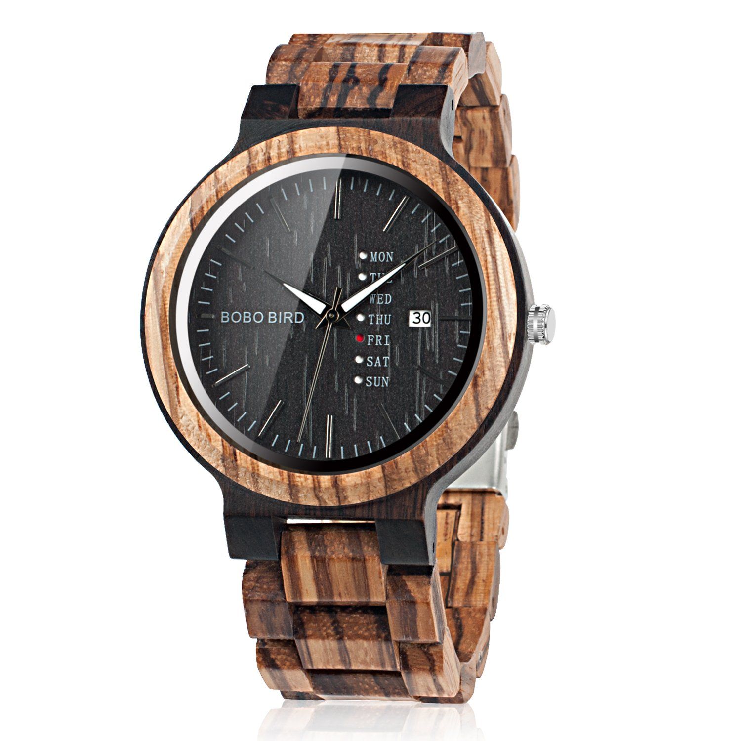 bobo鳥Mens Wooden Watchアナログクォーツwith週表示軽量ハンドメイド木製Wrist Watch for Men Brown Dial 