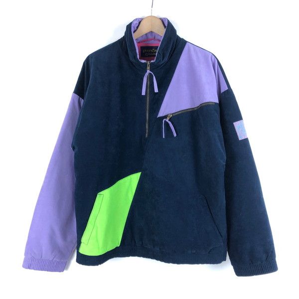 【古着】 トラックジャケット ベロア素材 薄綿入り ネイビー系 メンズL 【中古】 n058417