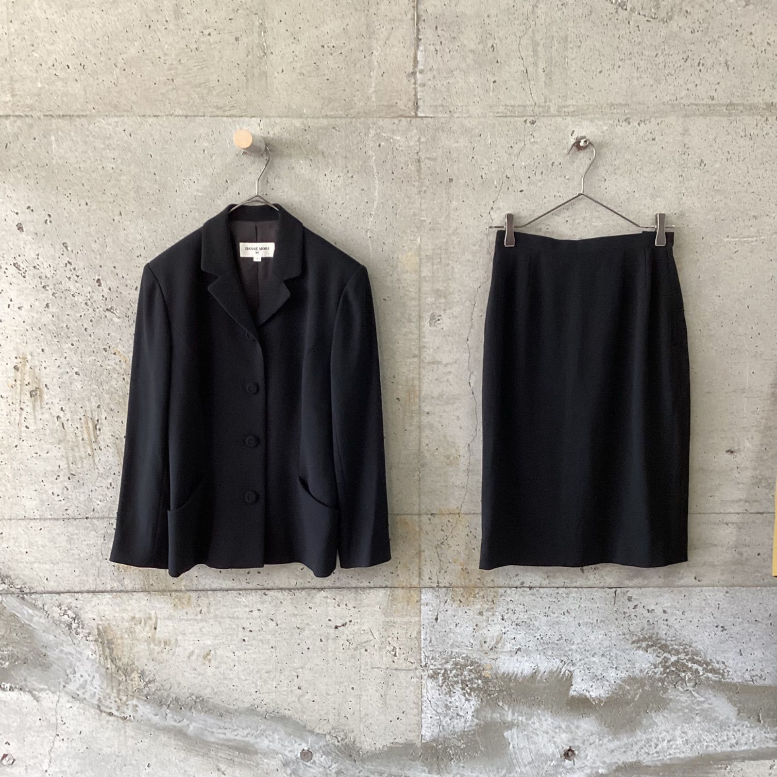 ハナエモリ HANAE MORI フォーマル ワンピース 半袖 ひざ丈 フレア 肩パッド 黒 ブラック 9A3 レディース