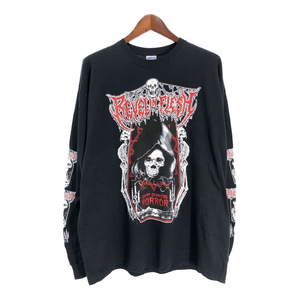 REVEL IN FLESH 長袖Ｔシャツ 大きいサイズ バンド 袖プリント ブラック メンズ 2XL 古着 T9647