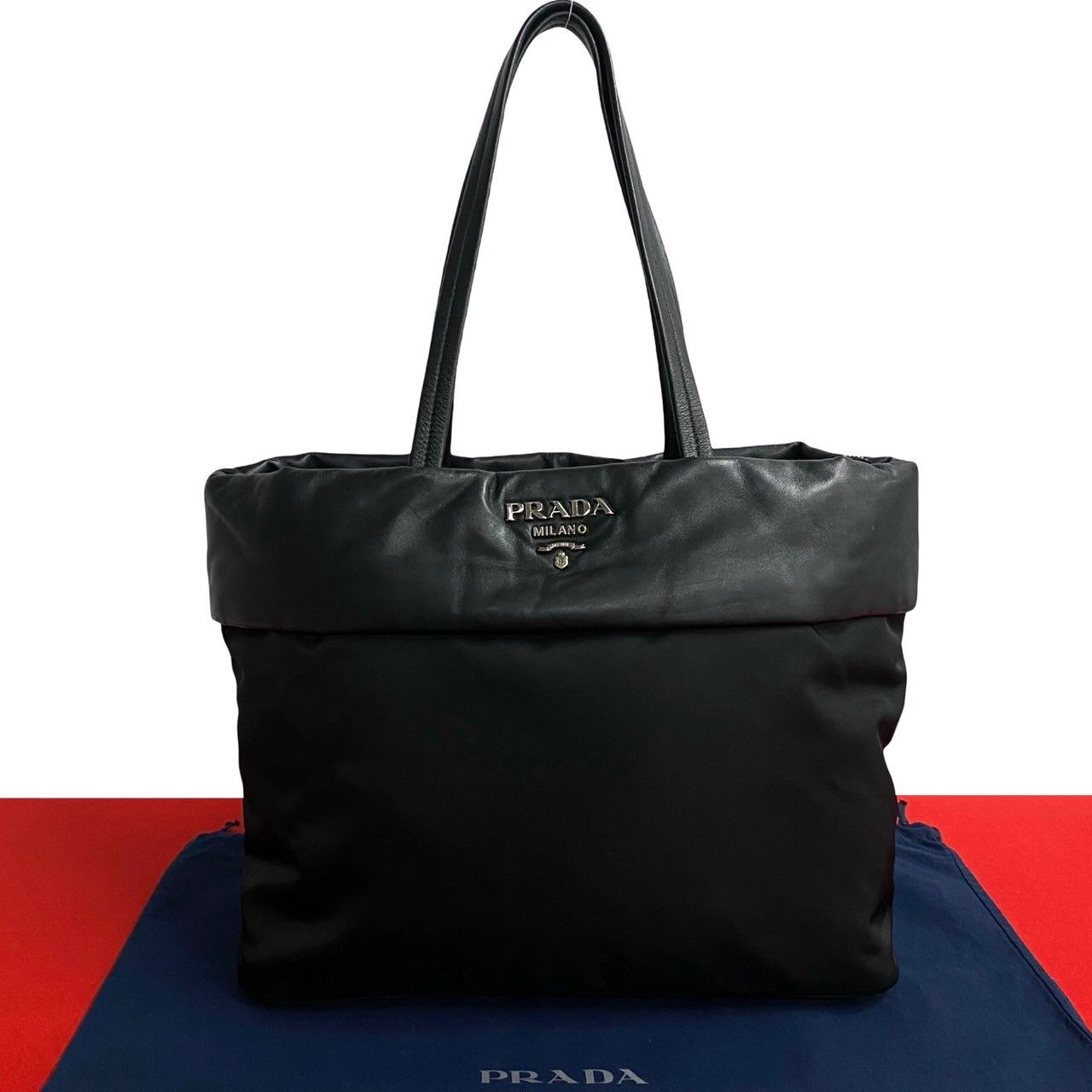 ほぼ未使用 希少品 PRADA プラダ ロゴ 金具 ナイロン レザー 本革 