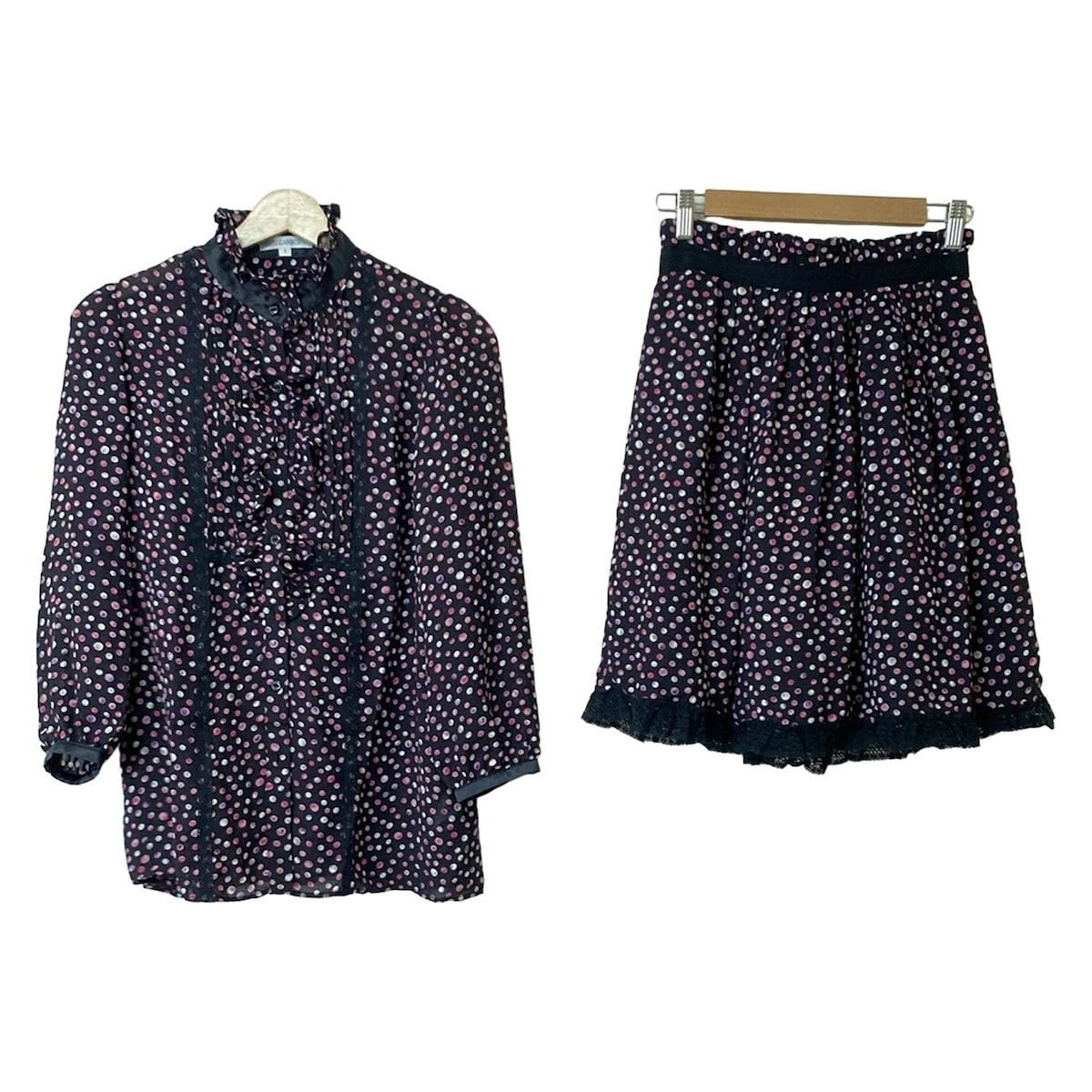 NARACAMICIE ナラカミーチェ スカートセットアップ レディース - 黒×ライトピンク×マルチ ドット柄|レース|フリル