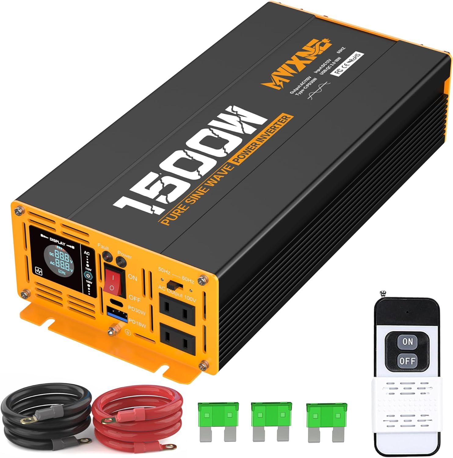 MWXNE インバーター 正弦波 12v 100v 1500w 最大3000W DC12V直流をAC100V交流に変換 PD30W QC3.0急速充電 50/60Hz切替可能 ワイヤレスリモコン付き 地震/停電/車中泊/キャンプ/船/RVキャンピングカー