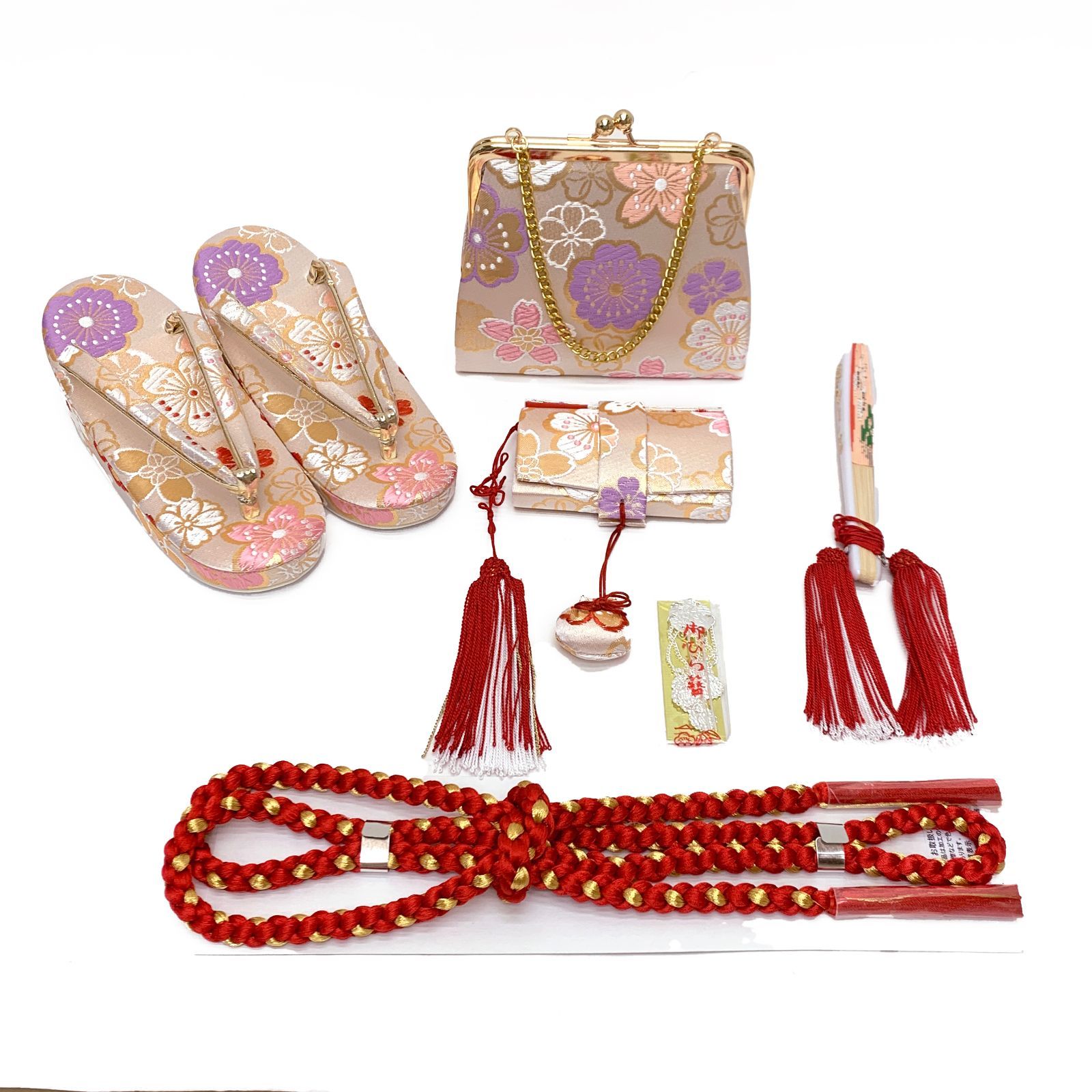 七五三 結び帯 箱せこセット ペアセット 7歳 女の子 金襴生地の作り帯セット 合繊 白系 桜