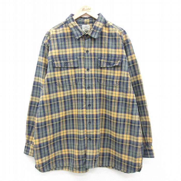 XL/古着 エルエルビーン LLBEAN 長袖 フランネル シャツ メンズ 00s 大きいサイズ ロング丈 コットン 紺他 ネイビー チェック spe 24sep19 