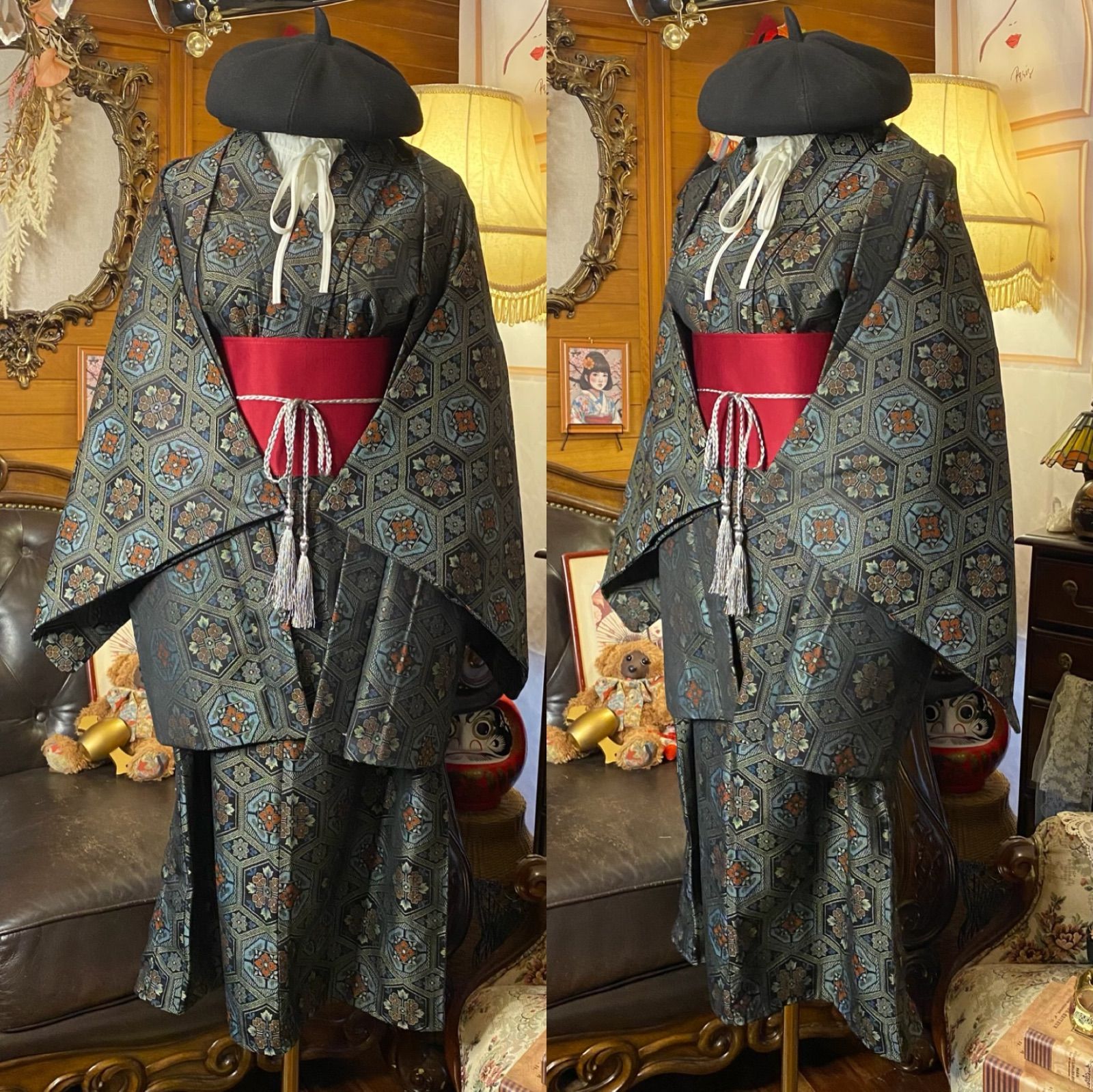 着物リメイクセミロングワンピース アンサンブル 帯サッシュベルト付き 和洋折衷 ハンドメイド レトロ 古着 墨黒×亀甲唐花 aKW-91