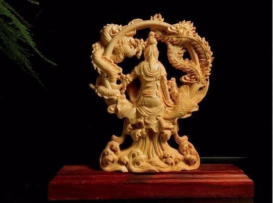 観音菩薩 木彫 縁起物 細密彫刻 龍鳳呈祥-自在観音 仏像 置物