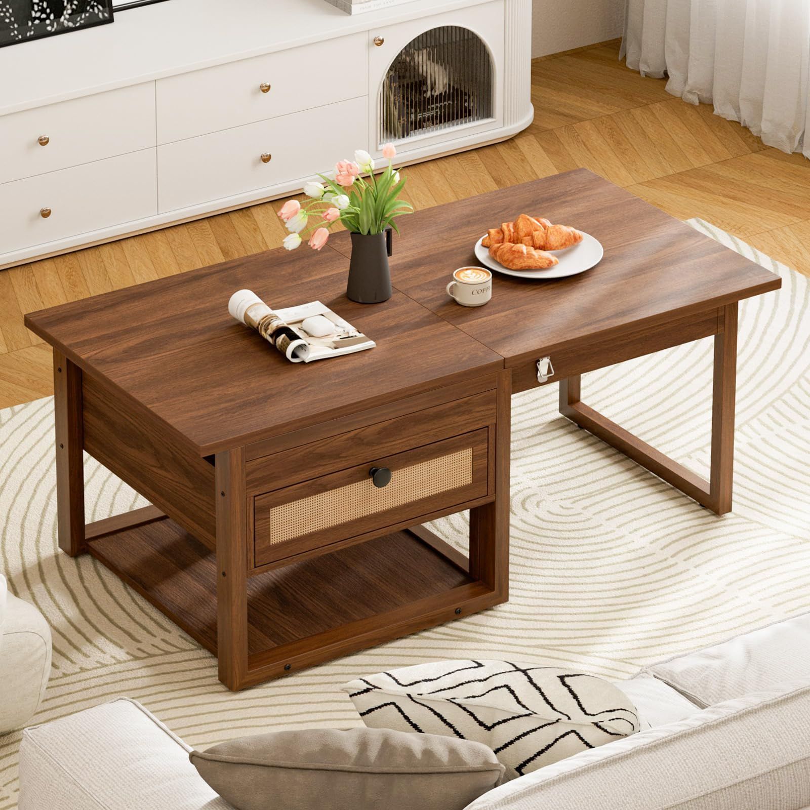 IKIFLY ローテーブル コーヒーテーブル 木製 自由 テーブル リビングテーブル 高さ調整 ホンムオフィス ダイニングテーブル 折りたたみ リビングルームとオフィス用 収納棚付き 高い耐荷重 オシャレな 在宅勤務 食事 幅100×奥行50