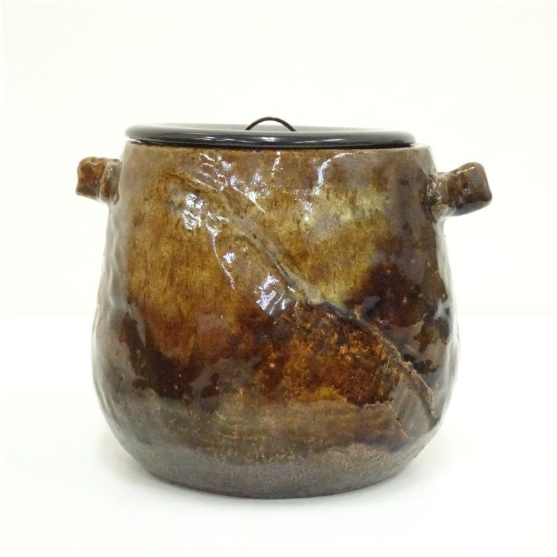 水指■大樋長阿弥 大樋水指 箆目 桐共箱 塗蓋 共布 お茶道具 時代物 骨董品■ 水指□大樋長阿弥 大樋水指 箆目 桐共箱 塗蓋 共布 お茶道具 時代物