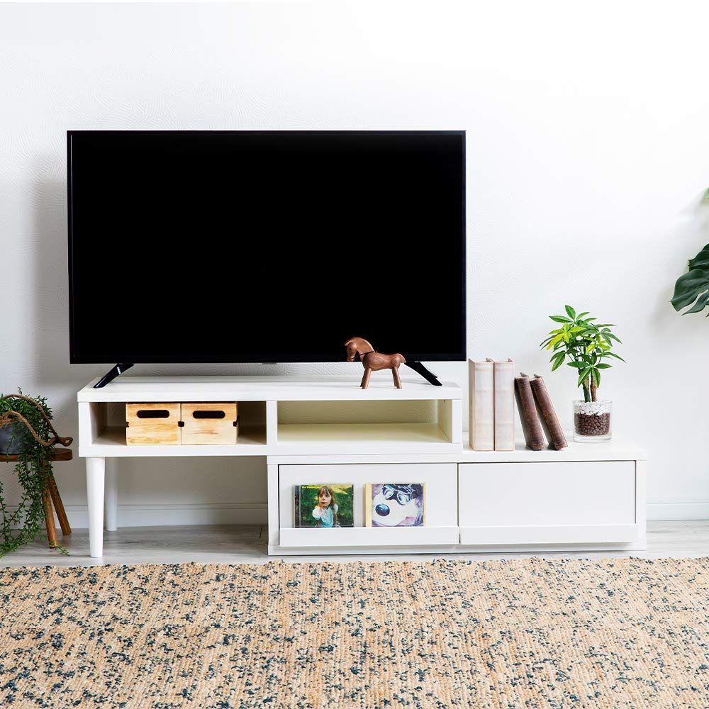 【32-50型推奨】 アイリスプラザ 伸縮テレビ台 ホワイト 幅90-150cm ローボード tv台 レイアウト自由 おしゃれ 木目調 天然木脚タイプ ETVB-9015WT