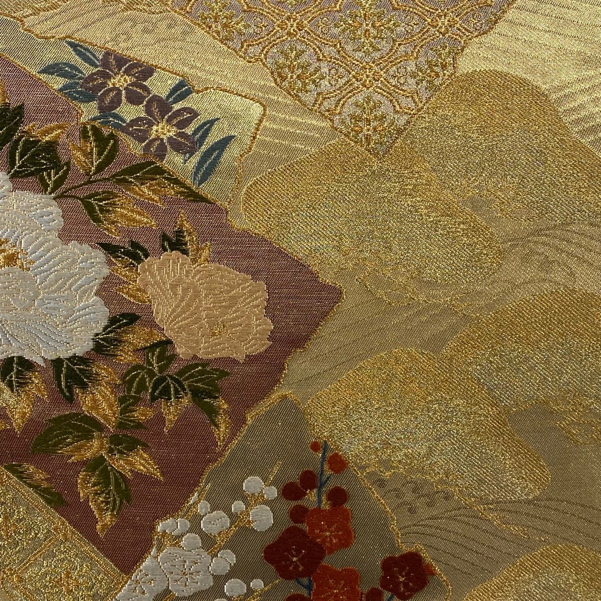 袋帯 美品 秀品 破れ色紙 草花 金糸 箔 金色 六通 正絹 【中古