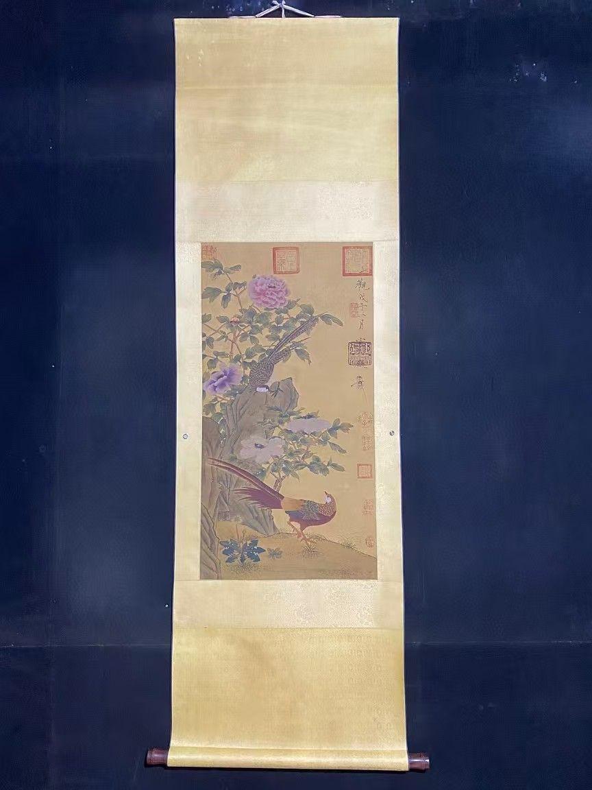 鳥の絵、中国彫アンティーク 中国古美術.精品三尺中堂画.宋徽宗花鳥画.手描きの作品.材質絹布