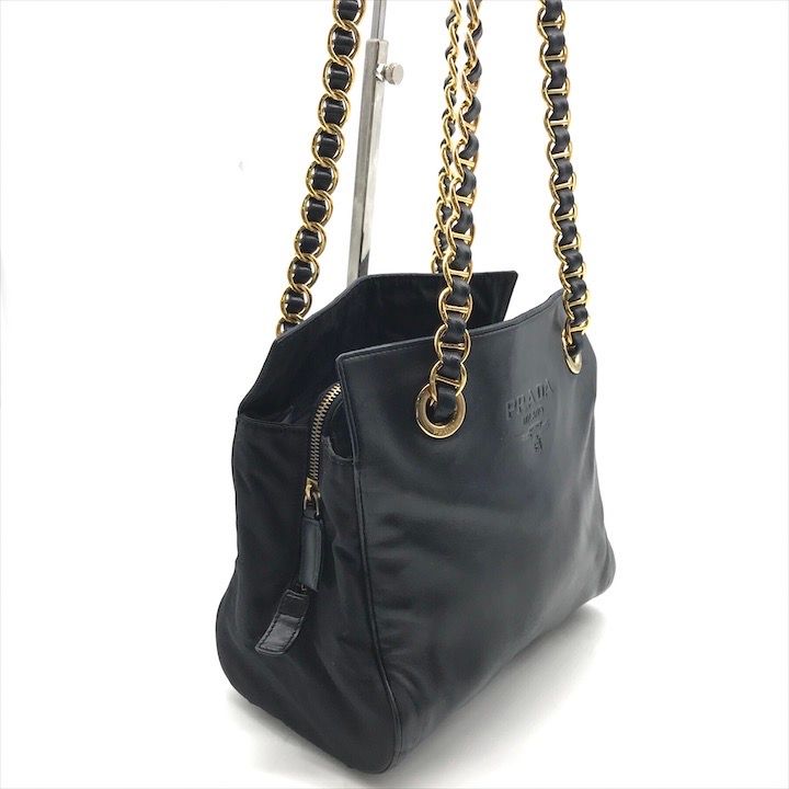 良品 PRADA プラダ ロゴ型押し レザー チェーン ショルダー