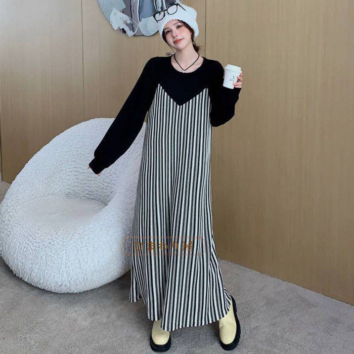 重ね着ワンピースストライプ レディース ロングワンピース ワンピース 秋 冬 春 長袖 ブラック きれいめ ゆったり ロング丈 マキシ丈 無地