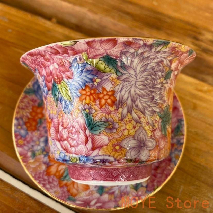 中国茶器 景徳鎮 琺瑯彩万花馬蹄三才蓋碗 茶杯 煎茶器 新品未