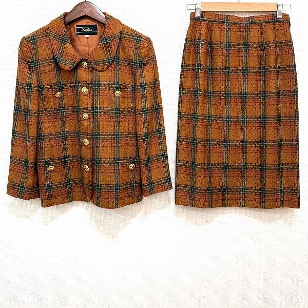 wnc レリアン Leilian スカートスーツ 9 オレンジ系 緑 赤 セットアップ ツーピース チェック 金ボタン レディース 965624