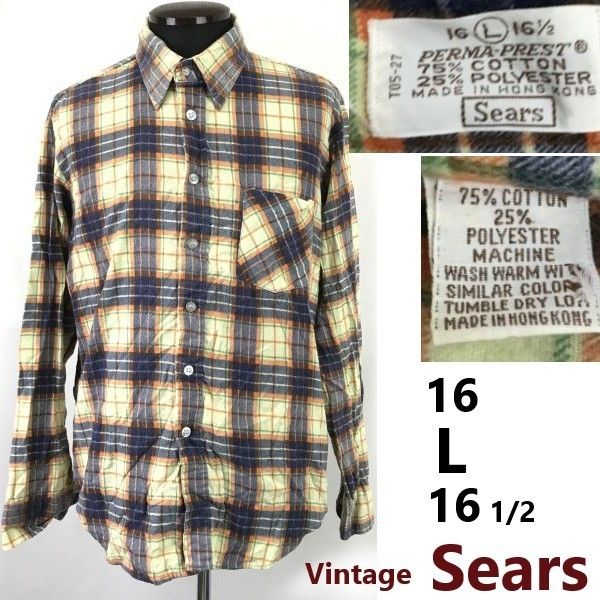 70s-80s|Vintage Sears|シアーズ PERMA-PREST|長袖フランネルシャツ メンズL|青×黄系チェック柄 コットンポリ|Tops|Shirts◆sBH937