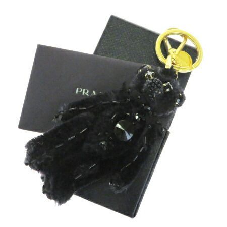 【中古】 美品 プラダ PRADA バッグチャーム キーホルダー クマ カラーストーン ブラック ゴールド フェイクファー メタル 保存箱 63BE992