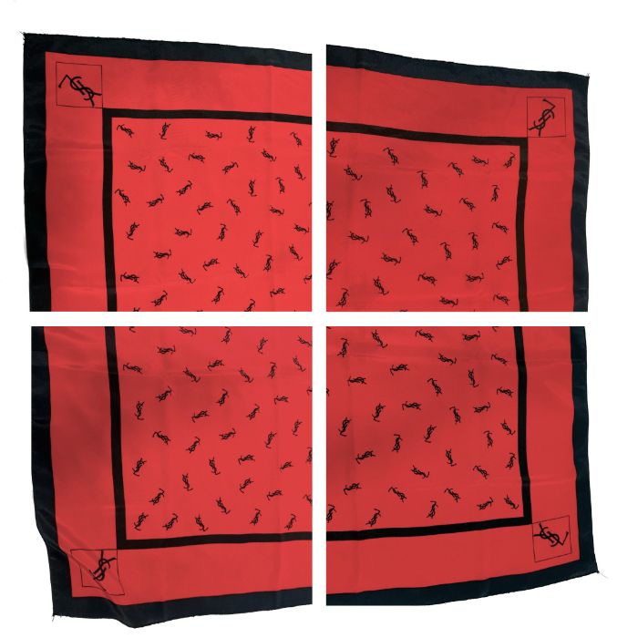 美品　イヴサンローラン　スカーフ　光沢　レッド　　ロゴマーク　総柄 イヴサンローラン Yves Saint Laurent スカーフ 大判 ロゴ柄