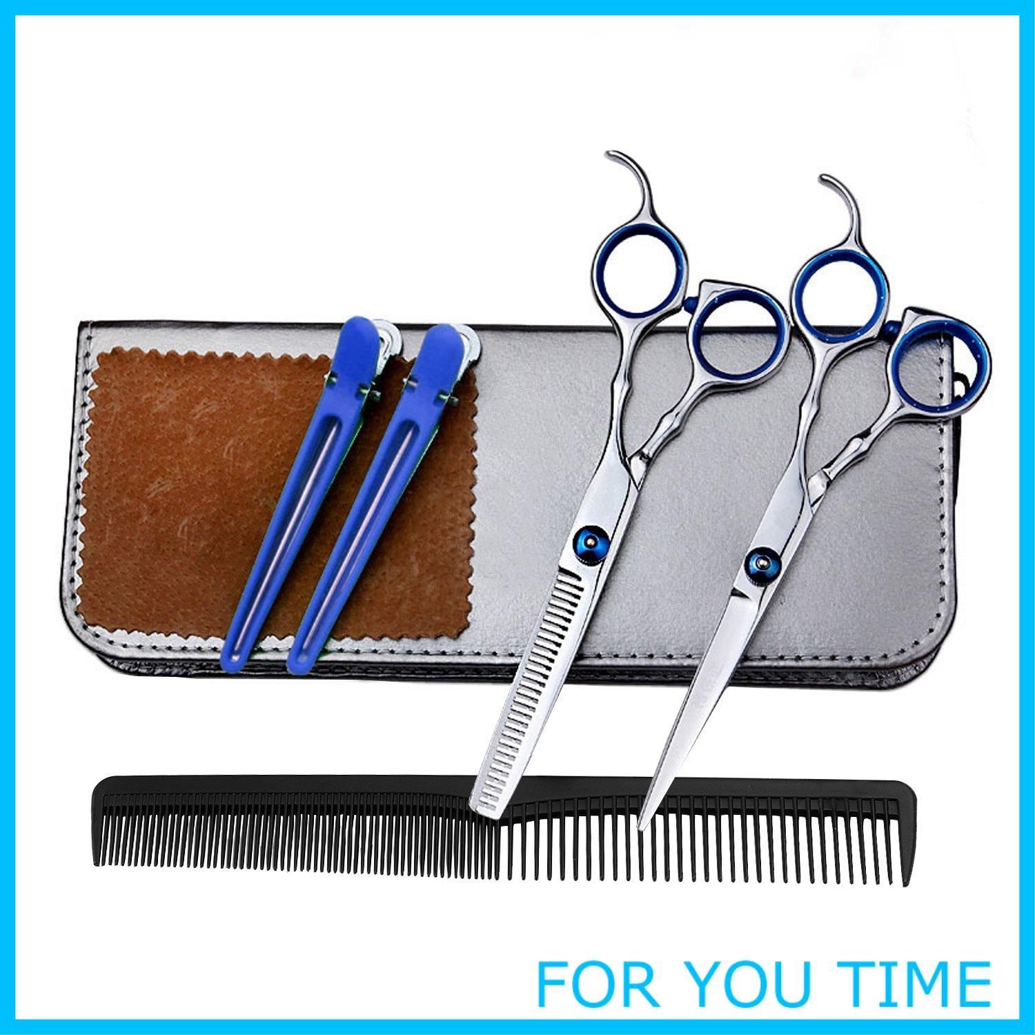 【特価商品】散髪 はさみ ヘアカット すきバサミ プロ用高級シザー ハサミ２本セット【カットバサミ・すきバサミ】 ヘアピン くし 理容師 初心者 家庭用 子供の散髪 セフルカット 専用ケース付き (シルバー)