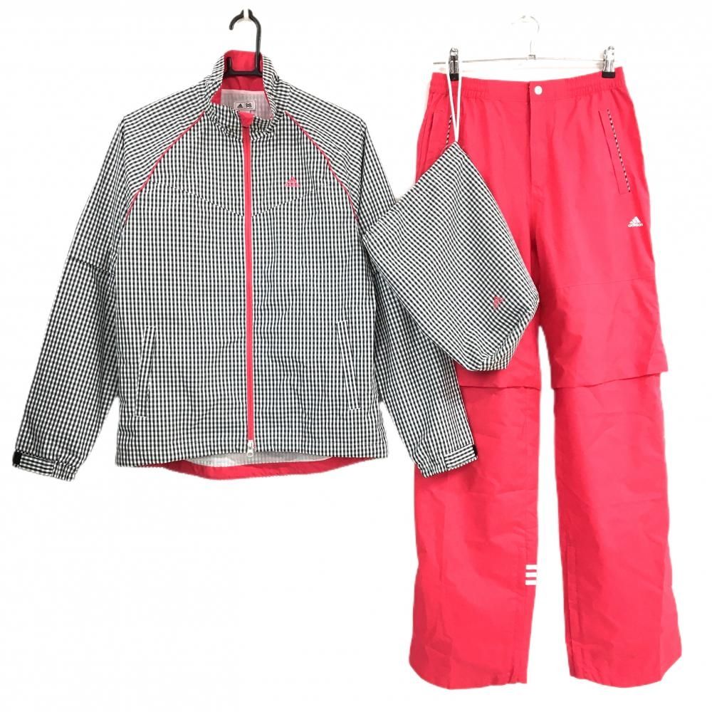 超 アディダス レインウェア 2WAYジャケット×パンツ 白×黒 ギンガムチェック パンツピンク レディース L|G ゴルフウェア adidas